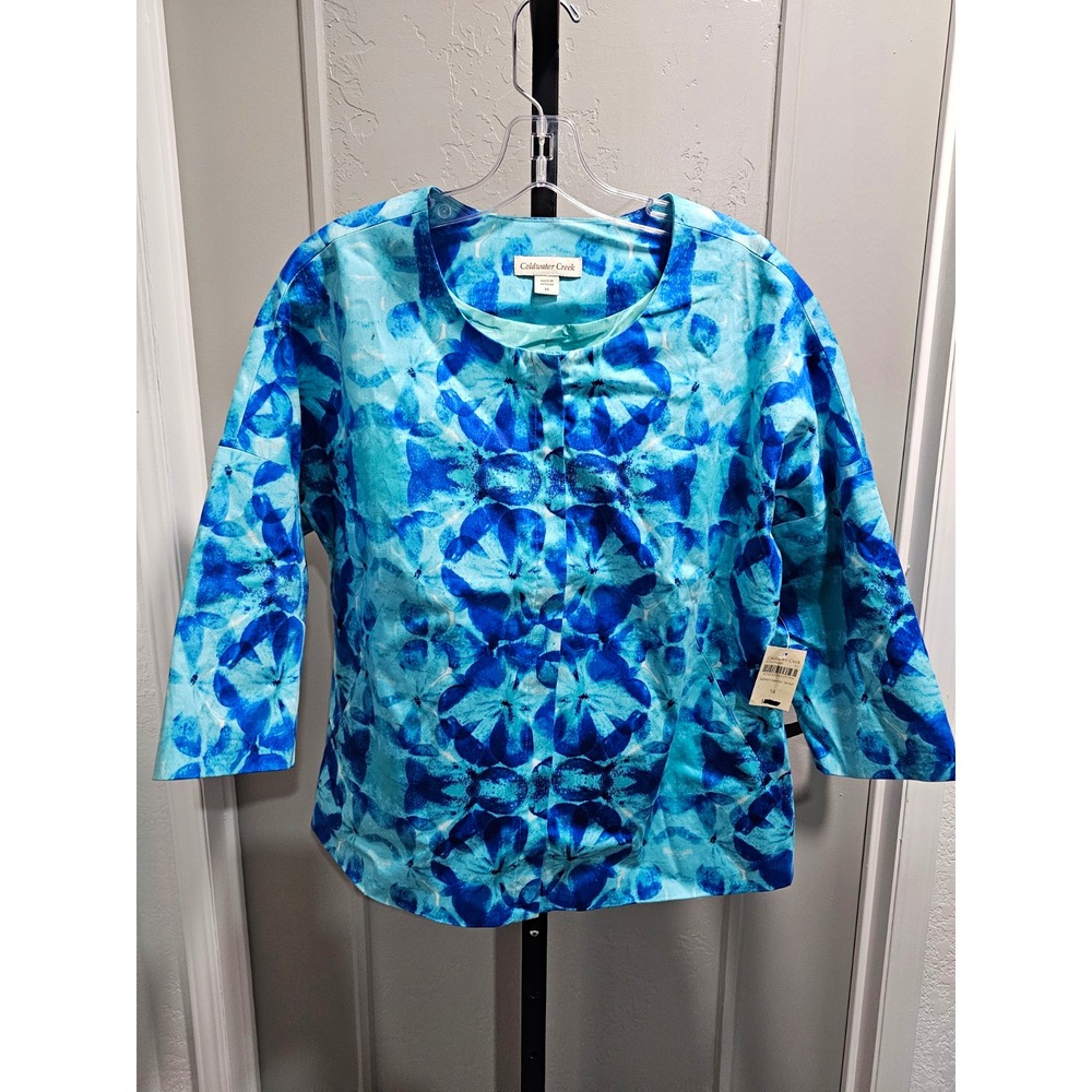 Coldwater Creek Women's 14 NWT Sateen Jasmine Jacket Blue Floral Coastal Grandma